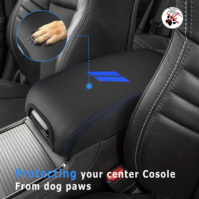 INTGET Car Center Console Cover for 2022 2021 Dodge Charger Accessories 2020 2019 2018 2017 2016 2015 Leather Armrest Cover Console Lid Protector Cushion Pad (Dark Blue Stitches  Leather) - Image 4